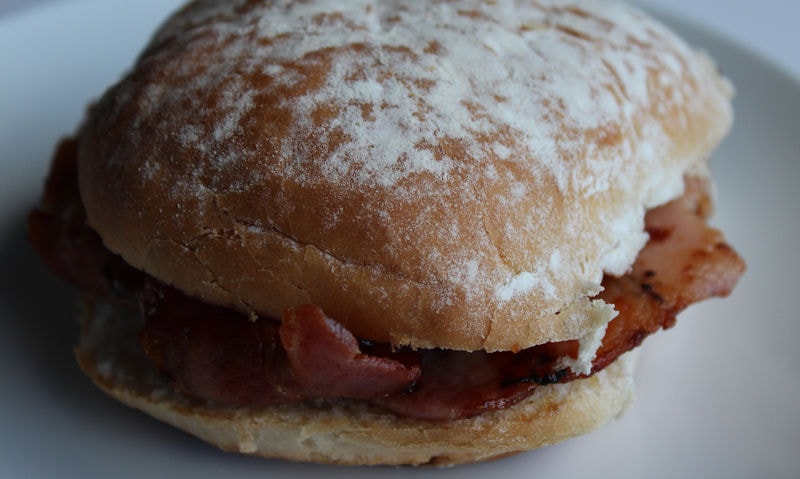 Bacon in a floury white bap