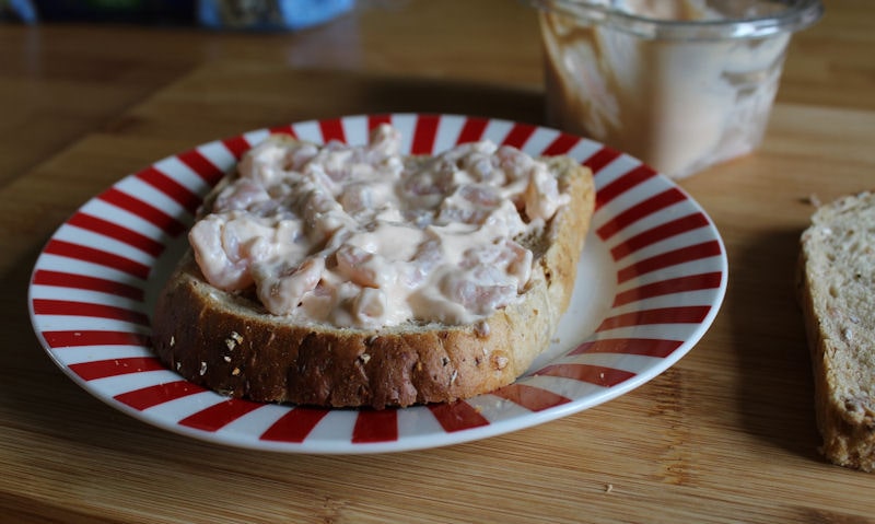 Tesco Prawn Cocktail Sandwich, spread over bread