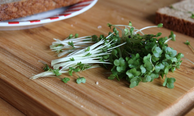 Chopped salad cress on chopping board