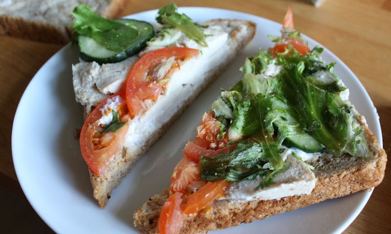 Opened chicken salad sandwich