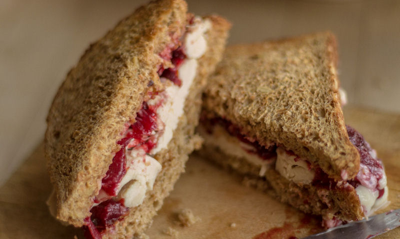 Turkey, cranberry sandwich on display